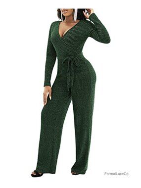 Sequin Jumpsuit Long Sleeve V-Neck with Belt Club Party Romper